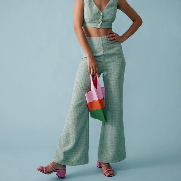 Rihoas Pants - Plaid Flared Sea Blue-Green Pants - Size Medium